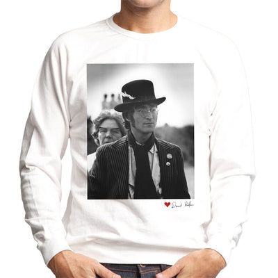 John Lennon With Feather Hat B&W White Men's Sweatshirt