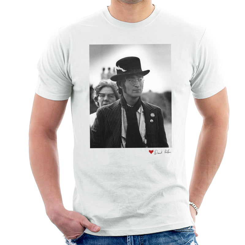 John Lennon With Feather Hat B&W White Men's T-Shirt - Don't Talk To Me About Heroes